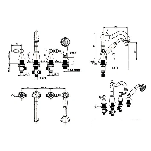 Смеситель на борт ванны Boheme Royal Cristal 391-Royal/CRST black Смеситель на борт ванны Boheme Royal Cristal 391-Royal/CRST black