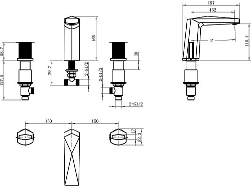 Смеситель на борт ванны Boheme Venturo 150-BG-TOUCH на 3 отверстия черный-золото, ручка TOUCH Смеситель на борт ванны Boheme Venturo 150-BG-TOUCH на 3 отверстия черный-золото, ручка TOUCH