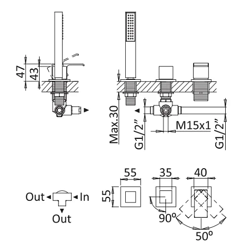 Смеситель на борт ванны CEZARES PORTA-BVDM3-SS с выдвижным душем и переключателем, sunset Смеситель на борт ванны CEZARES PORTA-BVDM3-SS с выдвижным душем и переключателем, sunset