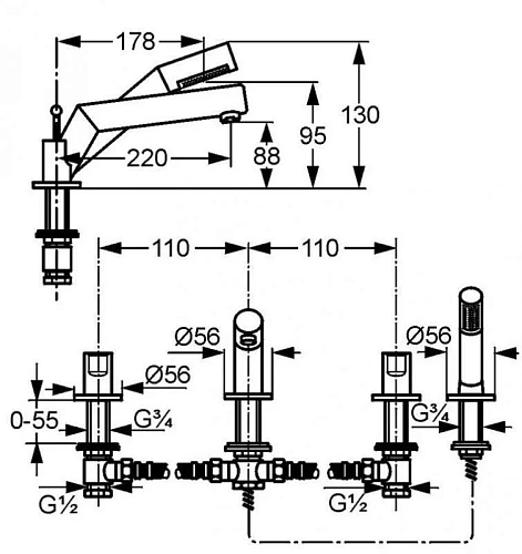 Смеситель на борт ванны Kludi New Waves 5742 DN 15 574240530 Смеситель на борт ванны Kludi New Waves 5742 DN 15 574240530