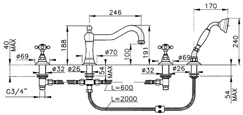 Смеситель на борт ванны Nicolazzi Tradizionale 1449CR78 хром/P.M.Blanc Смеситель на борт ванны Nicolazzi Tradizionale 1449CR78 хром/P.M.Blanc