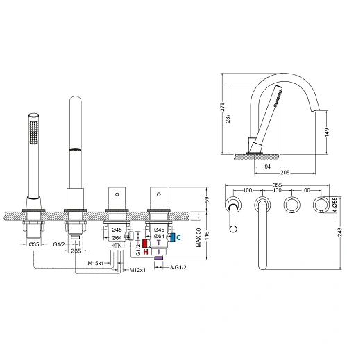Смеситель на борт ванны Timo Saona 2330/18Y с термостатом черное золото Смеситель на борт ванны Timo Saona 2330/18Y с термостатом черное золото