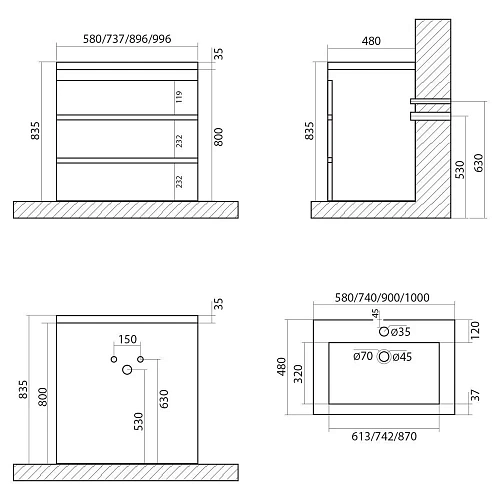 Тумба под раковину ART&MAX FAMILY FAMILY-580-3C-PIA-CV напольная с тремя выкатными ящиками, Cemento Тумба под раковину ART&MAX FAMILY FAMILY-580-3C-PIA-CV напольная с тремя выкатными ящиками, Cemento