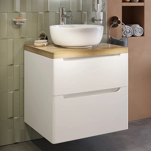 Тумба с раковиной STWORKI Берген 60 белая со светлой столешницей, Moon 1 549364 Тумба с раковиной STWORKI Берген 60 белая со светлой столешницей, Moon 1 549364