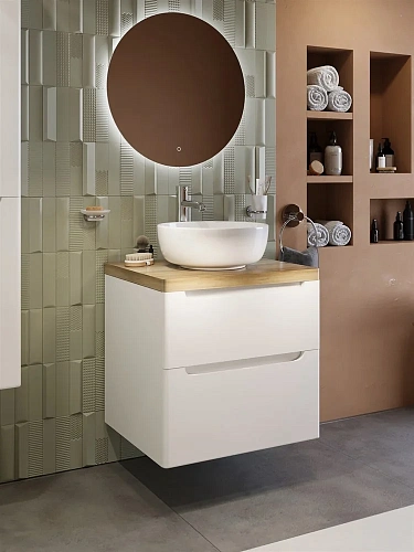 Тумба с раковиной STWORKI Берген 60 белая со светлой столешницей, Moon 1 549364 Тумба с раковиной STWORKI Берген 60 белая со светлой столешницей, Moon 1 549364