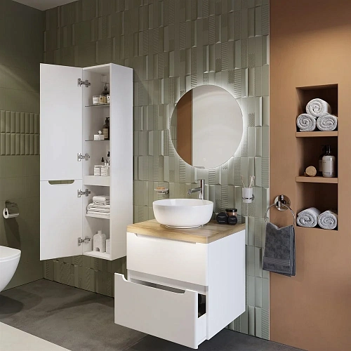 Тумба с раковиной STWORKI Берген 60 белая со светлой столешницей, Moon 1 549364 Тумба с раковиной STWORKI Берген 60 белая со светлой столешницей, Moon 1 549364