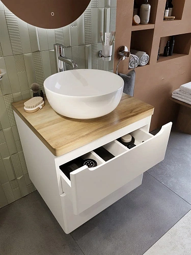 Тумба с раковиной STWORKI Берген 60 белая со светлой столешницей, Moon 1 549364 Тумба с раковиной STWORKI Берген 60 белая со светлой столешницей, Moon 1 549364