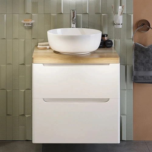 Тумба с раковиной STWORKI Берген 60 белая со светлой столешницей, Moon 1 549364 Тумба с раковиной STWORKI Берген 60 белая со светлой столешницей, Moon 1 549364