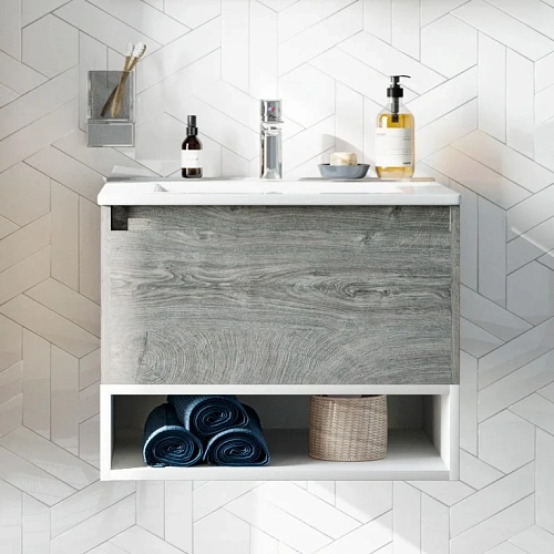 Тумба с раковиной STWORKI Карлстад 60 дуб рошелье, с белой полкой 440537 Тумба с раковиной STWORKI Карлстад 60 дуб рошелье, с белой полкой 440537