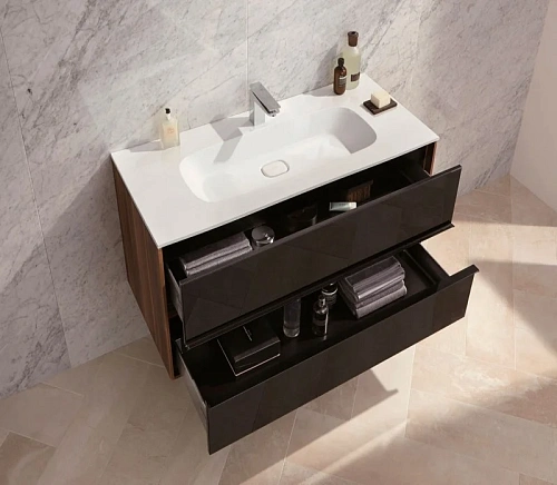 Тумба с раковиной Vitra Metropole 80 см 58181 сливовое дерево, фасад черное акриловое стекло Тумба с раковиной Vitra Metropole 80 см 58181 сливовое дерево, фасад черное акриловое стекло