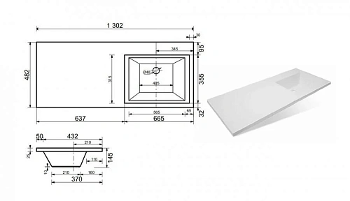 Тумба с раковиной Эстет Dallas Luxe ФР-00002271 1300х482 правая, напольная 3 ящика Тумба с раковиной Эстет Dallas Luxe ФР-00002271 1300х482 правая, напольная 3 ящика