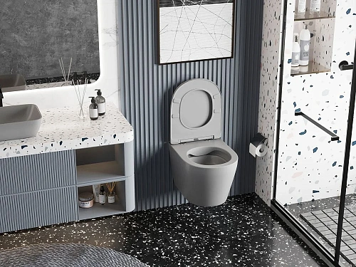 Унитаз подвесной ABBER Bequem AC1102MG с крышкой, серый матовый, безободковый Унитаз подвесной ABBER Bequem AC1102MG с крышкой, серый матовый, безободковый