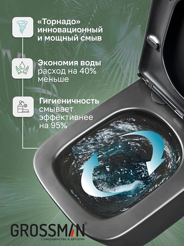 Унитаз подвесной GROSSMAN GR-4404BMSQ 48,5x34x29 черный матовый, безободковый, торнадо с тонкой крышкой Унитаз подвесной GROSSMAN GR-4404BMSQ 48,5x34x29 черный матовый, безободковый, торнадо с тонкой крышкой