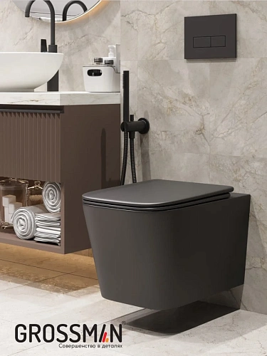 Унитаз подвесной GROSSMAN GR-4404BMSQ 48,5x34x29 черный матовый, безободковый, торнадо с тонкой крышкой Унитаз подвесной GROSSMAN GR-4404BMSQ 48,5x34x29 черный матовый, безободковый, торнадо с тонкой крышкой