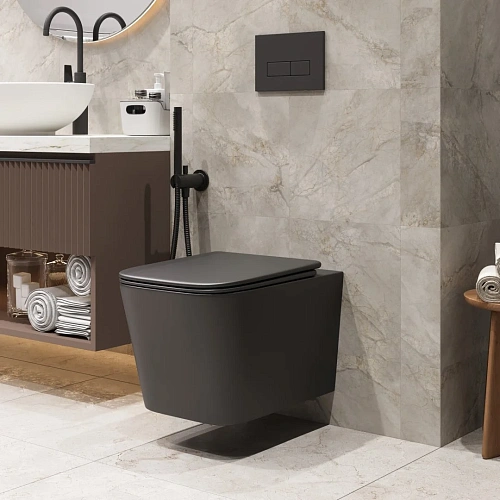 Унитаз подвесной GROSSMAN GR-4404BMSQ 48,5x34x29 черный матовый, безободковый, торнадо с тонкой крышкой Унитаз подвесной GROSSMAN GR-4404BMSQ 48,5x34x29 черный матовый, безободковый, торнадо с тонкой крышкой