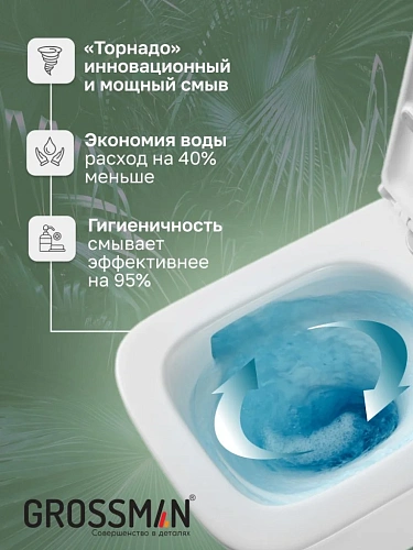 Унитаз подвесной GROSSMAN GR-4404SQ 48,5x34x29 белый, безободковый, торнадо с тонкой крышкой Унитаз подвесной GROSSMAN GR-4404SQ 48,5x34x29 белый, безободковый, торнадо с тонкой крышкой