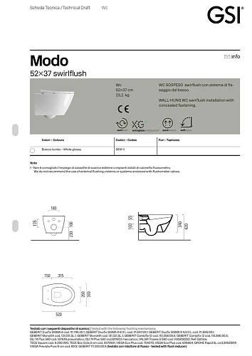 Унитаз подвесной GSI MODO безободковый Swirlflush белый (981611) без сиденья Унитаз подвесной GSI MODO безободковый Swirlflush белый (981611) без сиденья
