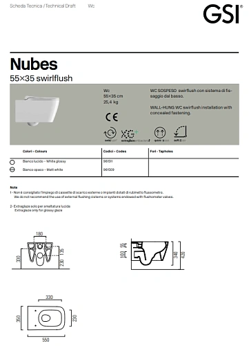 Унитаз подвесной GSI NUBES безободковый Swirlflush белый (961511) без сиденья Унитаз подвесной GSI NUBES безободковый Swirlflush белый (961511) без сиденья
