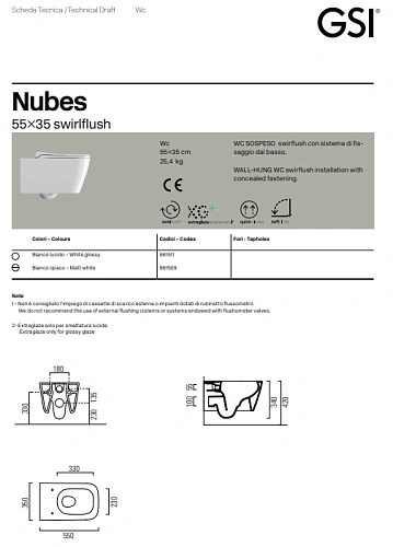 Унитаз подвесной GSI NUBES безободковый Swirlflush белый матовый (961509) без сиденья Унитаз подвесной GSI NUBES безободковый Swirlflush белый матовый (961509) без сиденья