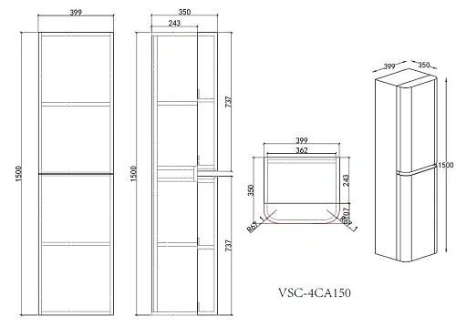 Шкаф-пенал Vincea Caprise VSC-4CA150MLG-R подвесной, правый, 1500x404x350, светло-серый матовый Шкаф-пенал Vincea Caprise VSC-4CA150MLG-R подвесной, правый, 1500x404x350, светло-серый матовый