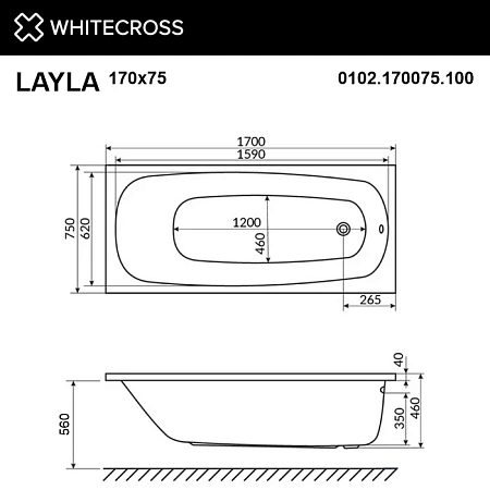 Акриловая ванна WHITECROSS Layla 170x75 0102.170075.100 Акриловая ванна WHITECROSS Layla 170x75 0102.170075.100