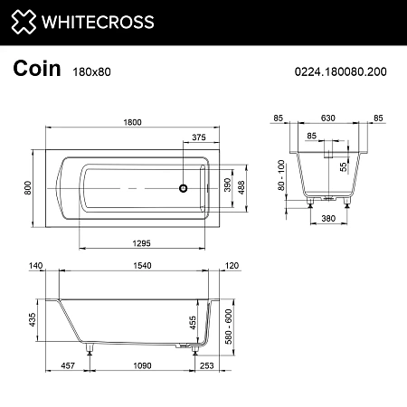 Ванна из искусственного камня WHITECROSS Coin 180x80 0224.180080.200.SOFT.BR белый матовый SOFT бронза Ванна из искусственного камня WHITECROSS Coin 180x80 0224.180080.200.SOFT.BR белый матовый SOFT бронза