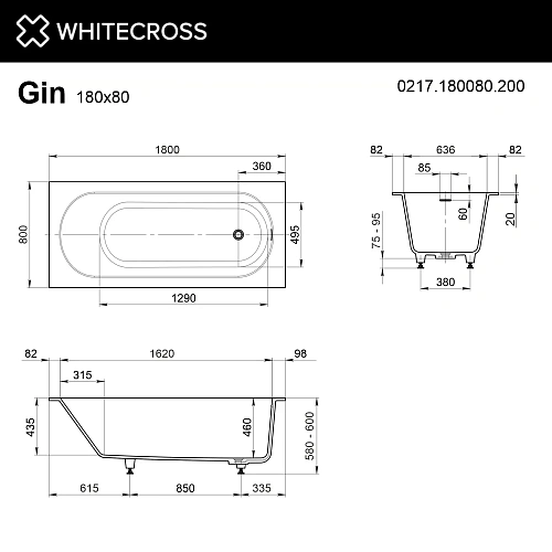 Ванна из искусственного камня WHITECROSS Gin 180x80 0217.180080.200.SMART.CR белый матовый SMART хром Ванна из искусственного камня WHITECROSS Gin 180x80 0217.180080.200.SMART.CR белый матовый SMART хром