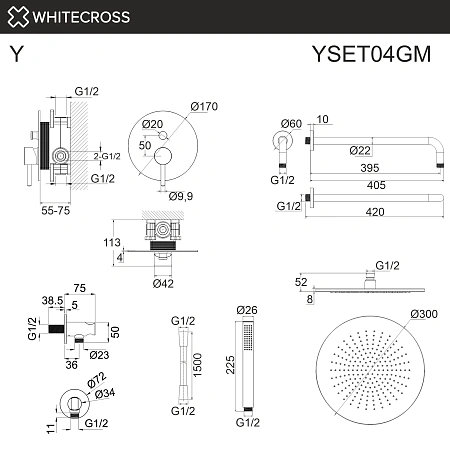 Душевая система WHITECROSS Y YSET04GM скрытого монтажа, оружейная сталь Душевая система WHITECROSS Y YSET04GM скрытого монтажа, оружейная сталь