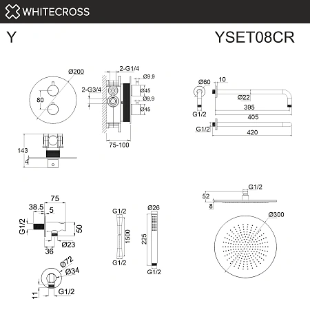 Душевая система WHITECROSS Y YSET08CR термостатическая, скрытого монтажа, хром Душевая система WHITECROSS Y YSET08CR термостатическая, скрытого монтажа, хром
