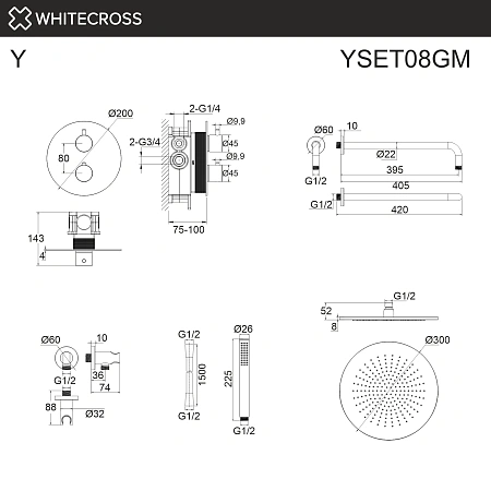 Душевая система WHITECROSS Y YSET08GM термостатическая, скрытого монтажа, оружейная сталь Душевая система WHITECROSS Y YSET08GM термостатическая, скрытого монтажа, оружейная сталь
