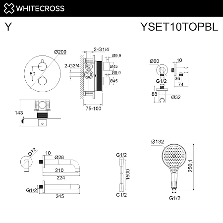 Душевая система WHITECROSS Y YSET10TOPBL термостатическая, скрытого монтажа, черный матовый Душевая система WHITECROSS Y YSET10TOPBL термостатическая, скрытого монтажа, черный матовый