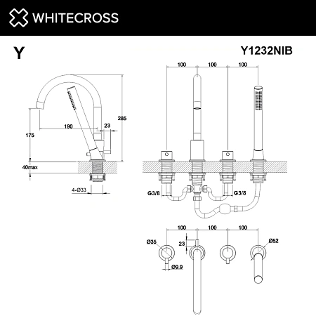 Смеситель для ванны WHITECROSS Y Y1232NIB на 4 отверстия, брашированный никель Смеситель для ванны WHITECROSS Y Y1232NIB на 4 отверстия, брашированный никель