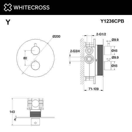 Смеситель для душа WHITECROSS Y Y1236CPB термостат скрытого монтажа на 2 потребителя, брашированная медь Смеситель для душа WHITECROSS Y Y1236CPB термостат скрытого монтажа на 2 потребителя, брашированная медь