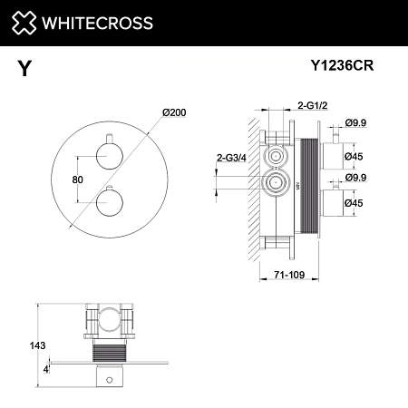 Смеситель для душа WHITECROSS Y Y1236CR термостат скрытого монтажа на 2 потребителя, хром Смеситель для душа WHITECROSS Y Y1236CR термостат скрытого монтажа на 2 потребителя, хром