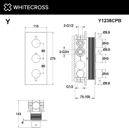Смеситель для душа WHITECROSS Y Y1238CPB термостат скрытого монтажа на 3 потребителя, брашированная медь Смеситель для душа WHITECROSS Y Y1238CPB термостат скрытого монтажа на 3 потребителя, брашированная медь