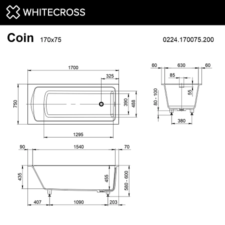 Ванна из искусственного камня WHITECROSS Coin 170x75 0224.170075.200.ULTRA.CR белый матовый ULTRA хром Ванна из искусственного камня WHITECROSS Coin 170x75 0224.170075.200.ULTRA.CR белый матовый ULTRA хром