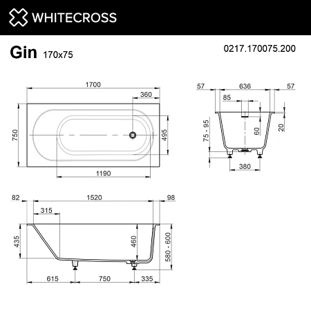 Ванна из искусственного камня WHITECROSS Gin 170x75 0217.170075.200.RELAX.WH белый матовый RELAX белый Ванна из искусственного камня WHITECROSS Gin 170x75 0217.170075.200.RELAX.WH белый матовый RELAX белый