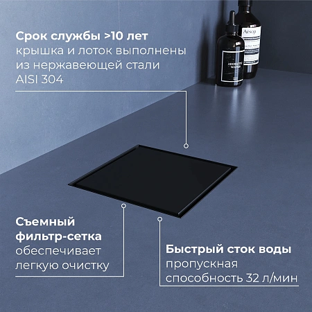 Душевой трап RGW SDR-10 79211000-04 квадратный, черный, металлическая крышка, горизонтальный слив Душевой трап RGW SDR-10 79211000-04 квадратный, черный, металлическая крышка, горизонтальный слив