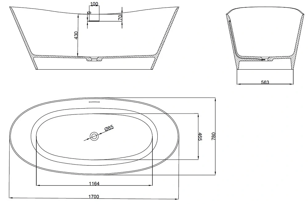 Ванна из искусственного камня Vincea VBT-4S08MW 1700x780x620 Solid Surface белый матовый — Изображение 8