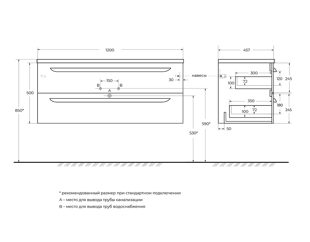 Тумба под раковину CEZARES 1200x457x500 ECO-CER-N-1200-2C-SO-GAO-P подвесная, серо-голубой матовый — Изображение 2