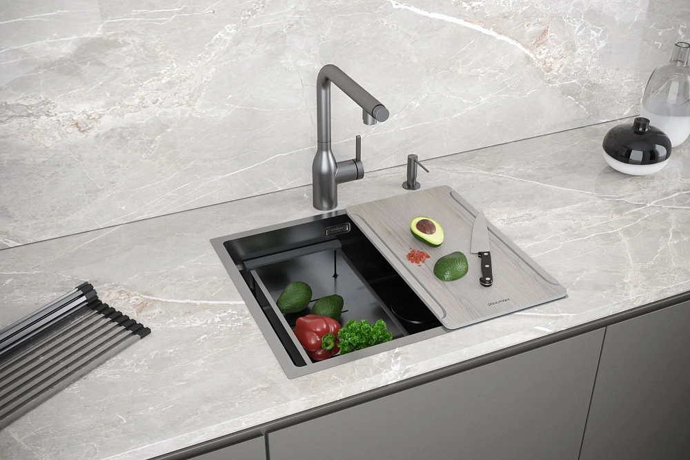 Кухонная мойка Paulmark NEXT-MULTI SINK 54-L UNI PM785445-L-GM вороненая сталь 540х450мм — Изображение 4