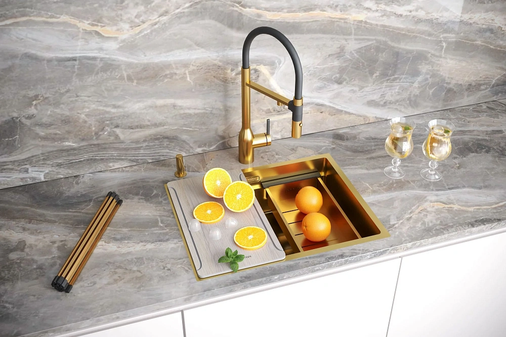 Кухонная мойка Paulmark NEXT-MULTI SINK 58 UNI PM785845-BG брашированное золото 580х450мм — Изображение 4