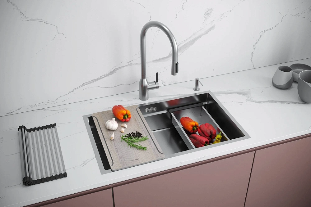 Кухонная мойка Paulmark NEXT-MULTI SINK 74 UNI PM787445-BS брашированная 740х450мм — Изображение 5