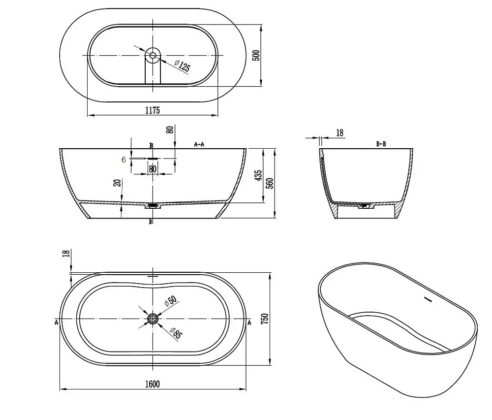 Ванна из искусственного камня Vincea Solid Surface VBT-4S04MW-1600, 1600x800x560, белый матовый, щелевой перелив — Изображение 8