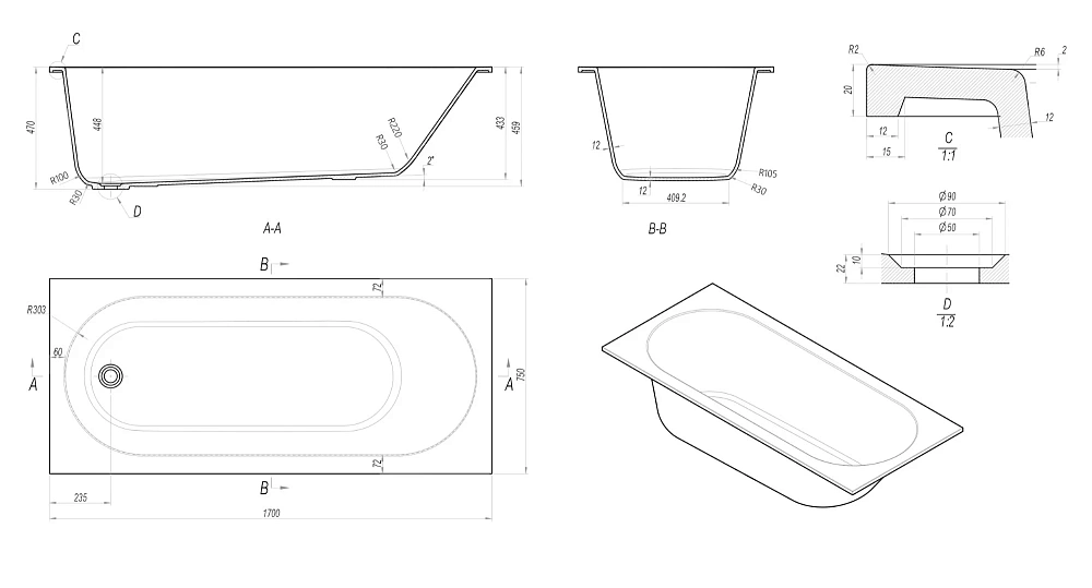 Ванна из искусственного камня Vincea Solid Surface VBT-8SB1-1700, 1700x750x470, белая матовая — Изображение 6