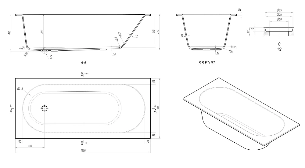 Ванна из искусственного камня Vincea Solid Surface VBT-8SB1-1800, 1800x800x493, белая матовая — Изображение 6
