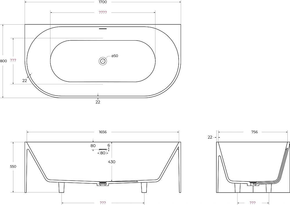 Ванна из искусственного камня CEZARES CZR-METAURO-WALL-170-80-55-SSB 1700x800x550 Solid Surface — Изображение 5