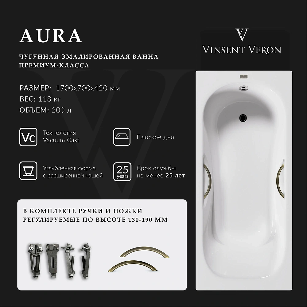 Ванна чугунная Vinsent Veron Aura 170x70x42 VAU1707042H/VH0015BR с бронзовыми ручками — Изображение 2