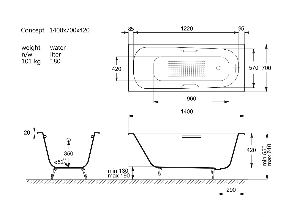Ванна чугунная Vinsent Veron Concept 140x70x42 VCO1407042H/VH0012BL-AS с черными матовыми ручками и антискользящим покрытием — Изображение 11