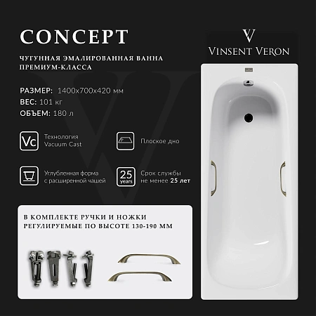 Ванна чугунная Vinsent Veron Concept 140x70x42 VCO1407042H/VH0012BR с бронзовыми ручками Ванна чугунная Vinsent Veron Concept 140x70x42 VCO1407042H/VH0012BR с бронзовыми ручками